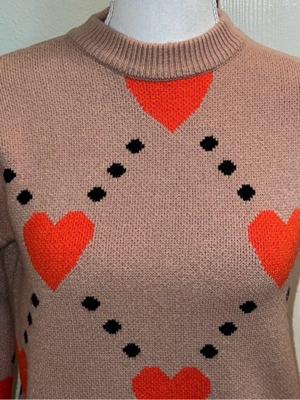 THML Taupe Crewneck Sweater with Red Heart Motif - Picture 2 of 7